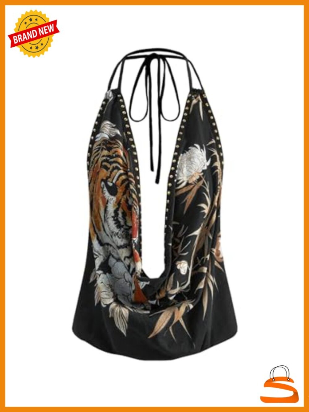 Women's Plunge Deep V Halter Tank Top Studded Backless Draped Party Festival